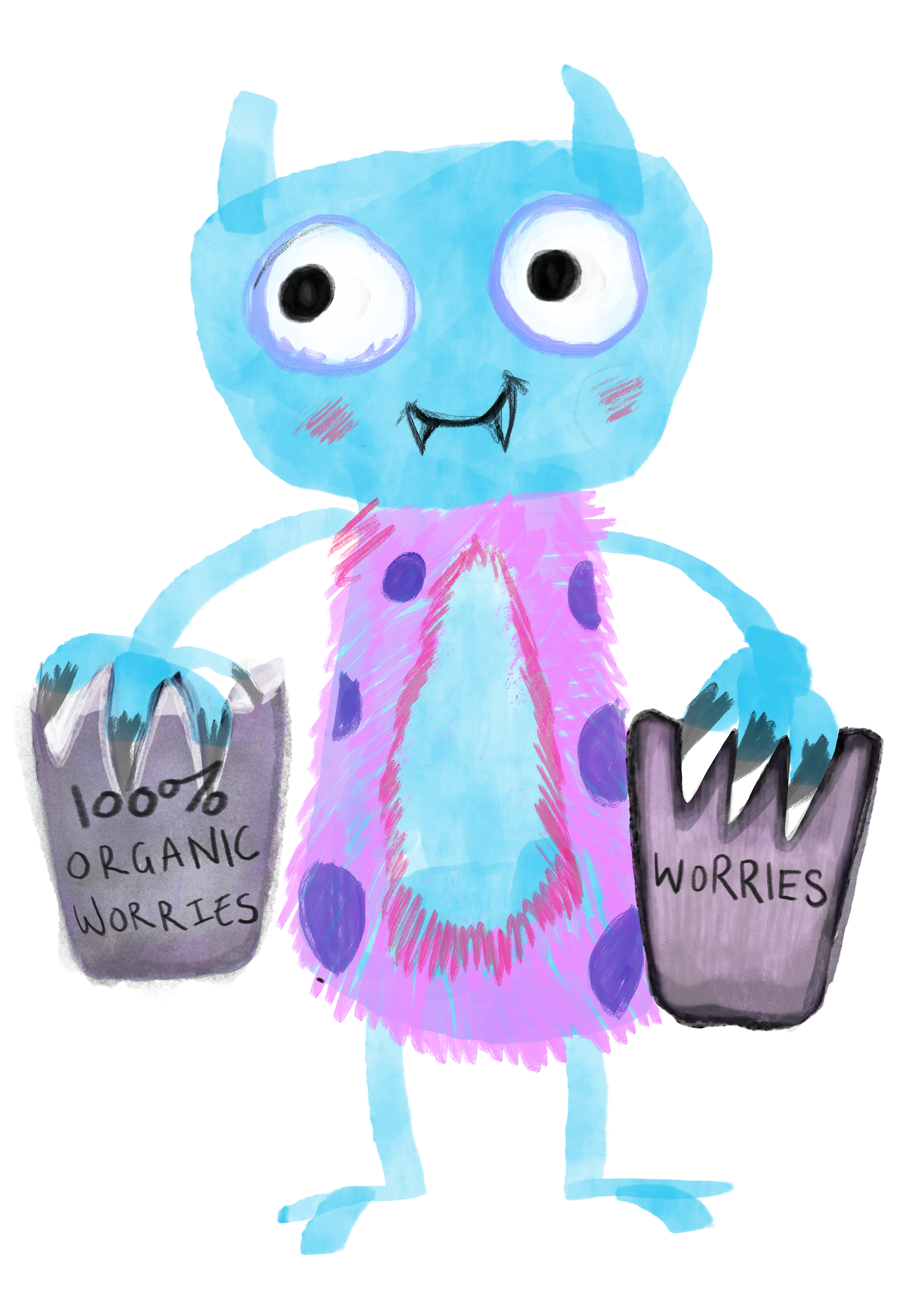The worry monster holdin two bags of worries