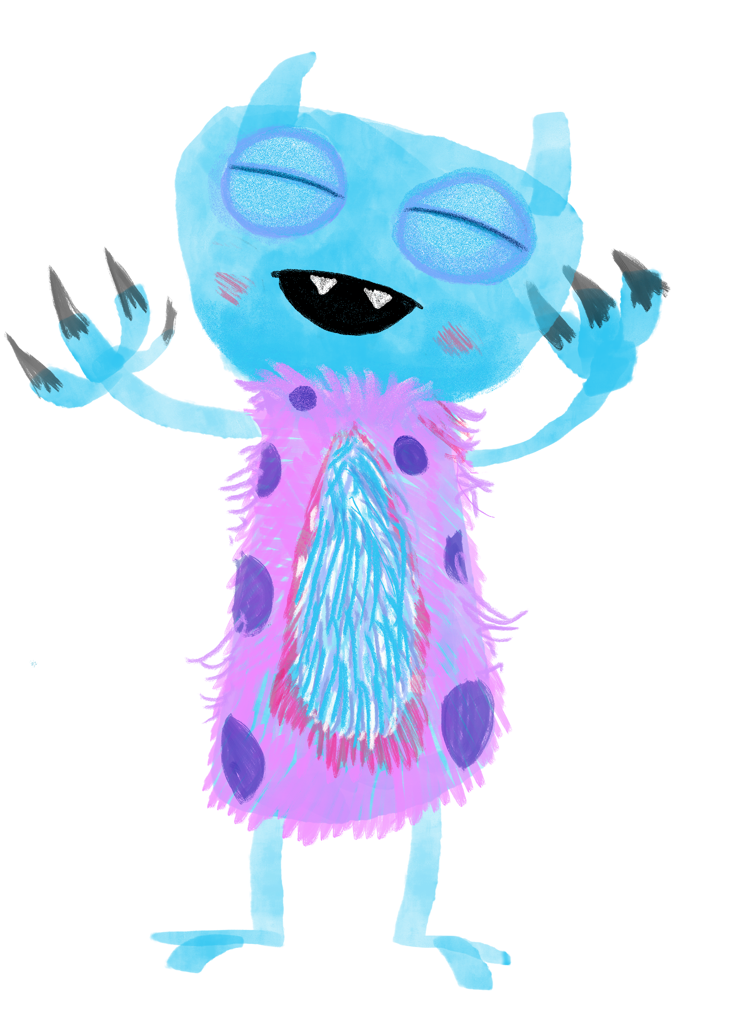 An image of the worry Monster; A light-blue, friendly looking critter with a purple-and-pink polka-dot body