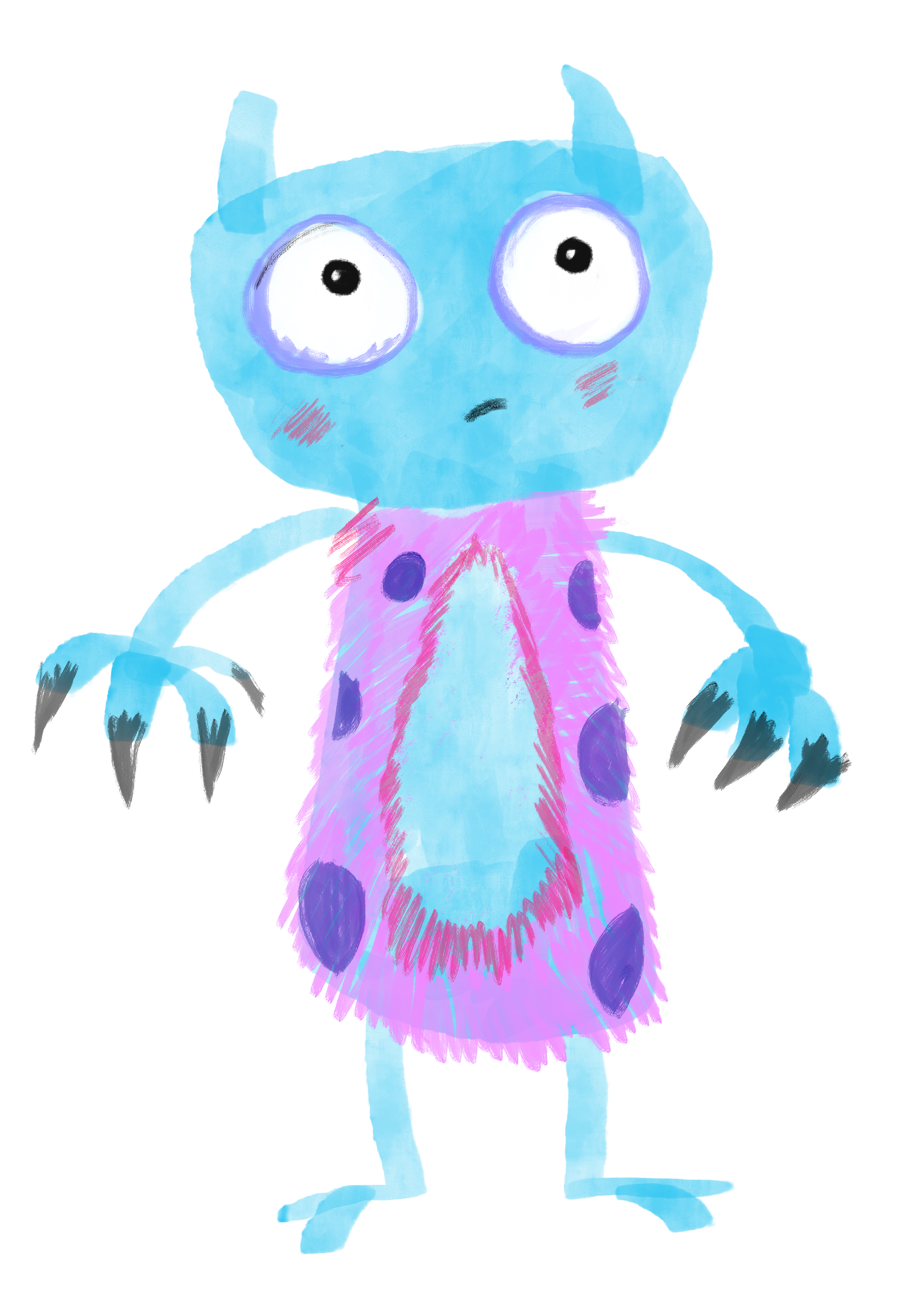 An image of the worry Monster; A light-blue, friendly looking critter with a purple-and-pink polka-dot body